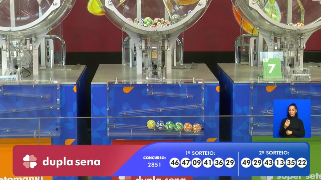 Imagem com os números sorteados da Dupla-Sena concurso 2851, realizado no dia 25/08/2025.