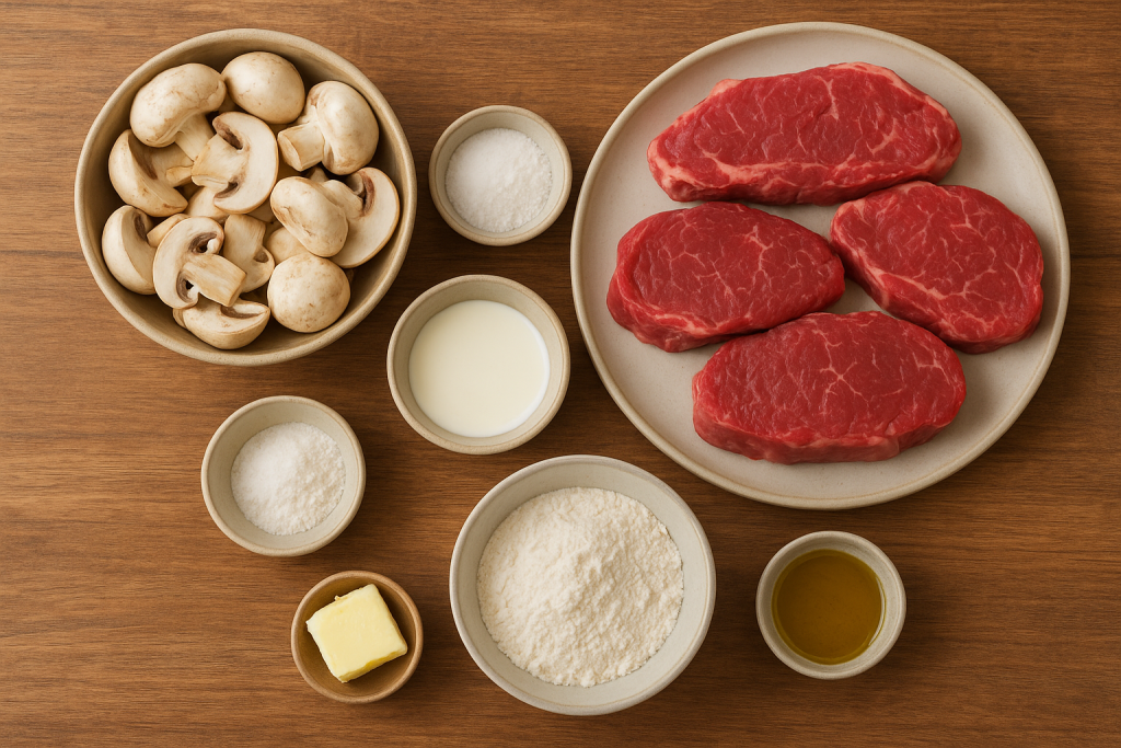 Imagem com ingredientes para preparar bifes com molho de cogumelos.