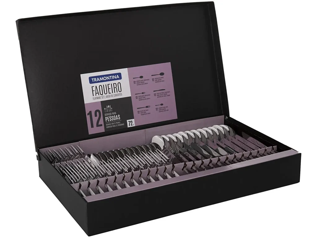 Imagem com faqueiro inox, marca Tramontina, com 72 peças.