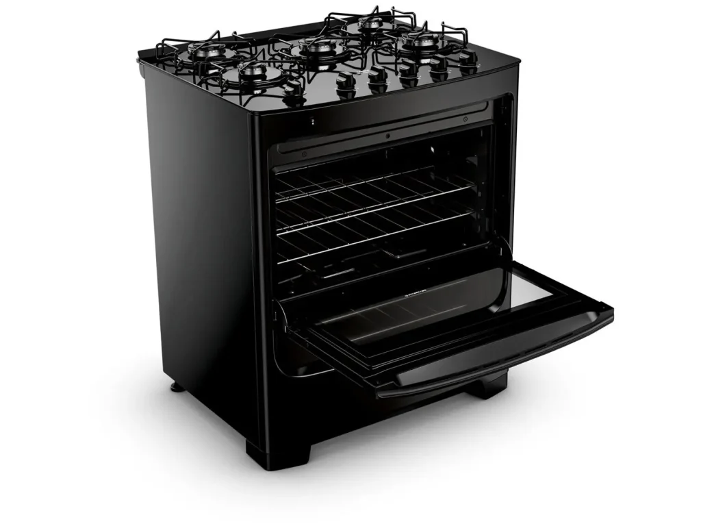 Imagem de um fogão preto marca Consul com 5 bocas .