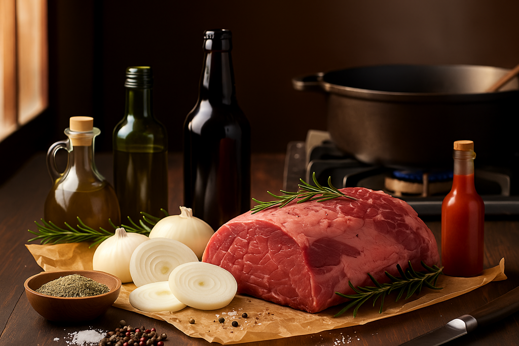 Imagem com peça de carne e ingredientes para preparar a receita de carne assada com cerveja preta.