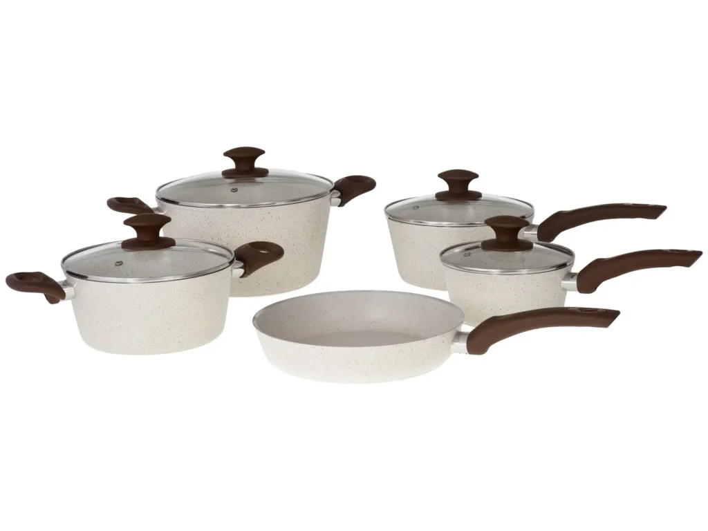 Imagem com jogo de panelas com revestimento Cerâmico, com 5 peças, marca Brinox.