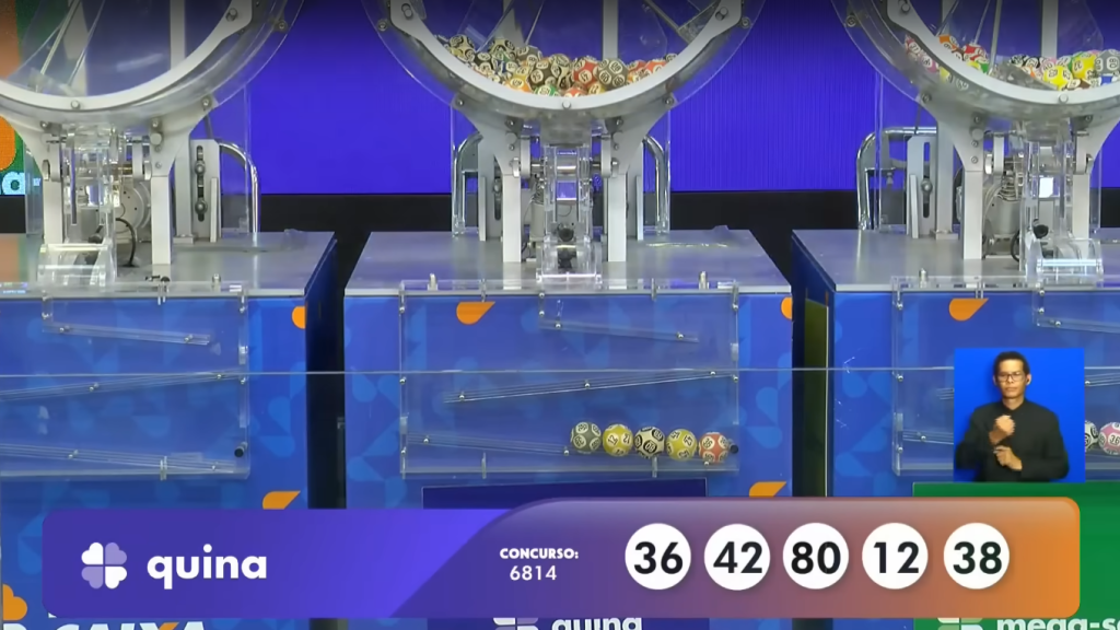 Imagem com os números sorteados do sorteio da Quina concurso 6814, realizado no dia 30/08/2025.